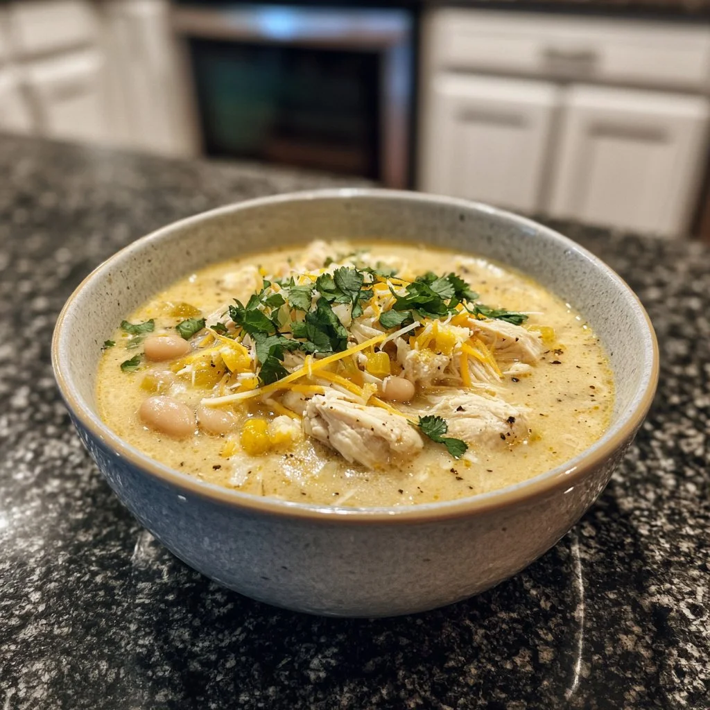 Bowl of cozy white chicken chili garnished with cilantro and lime