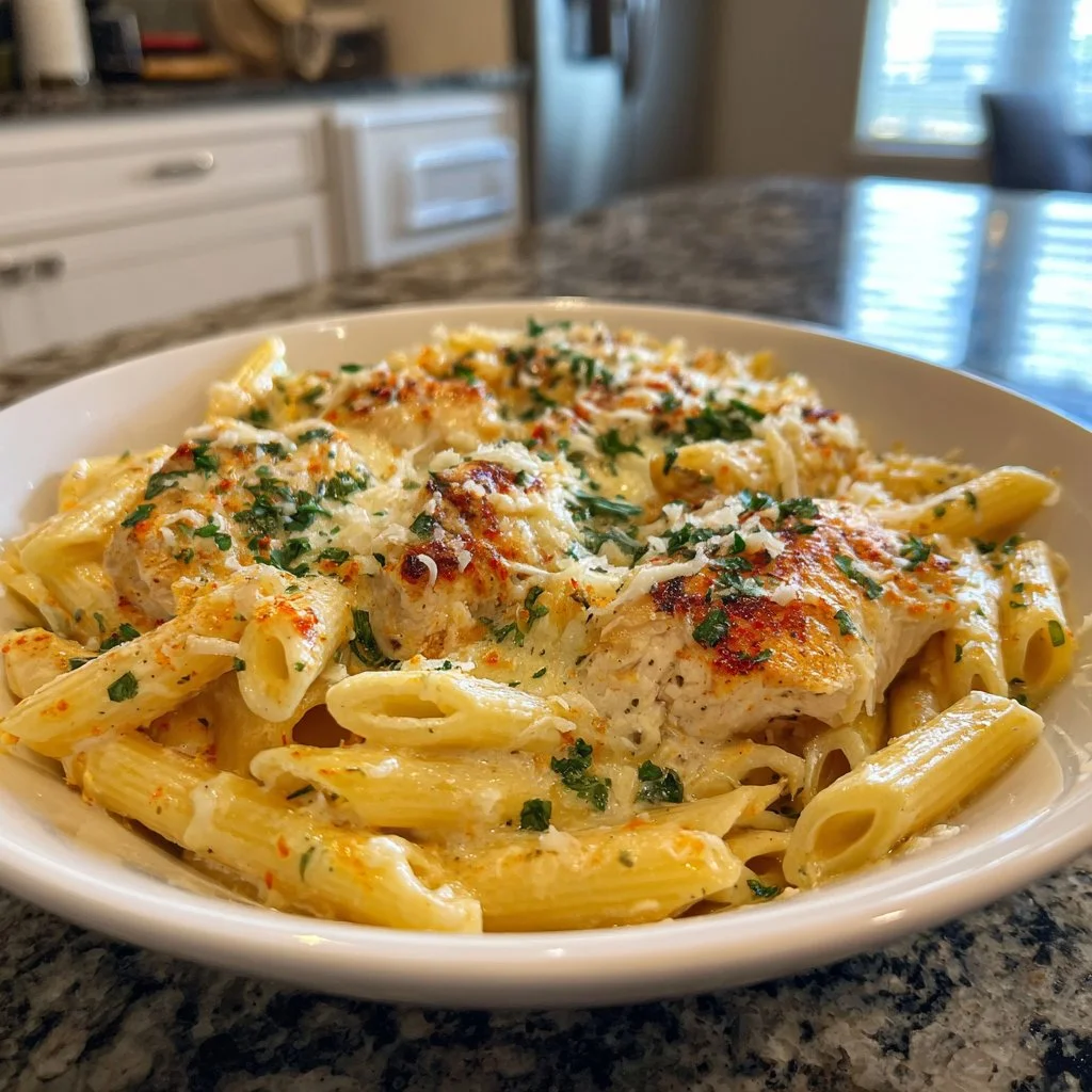 Creamy Crac Chicken Penne dish served in a cozy setting