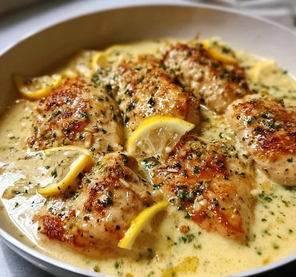 Creamy butter lemon chicken garnished with fresh herbs on a plate