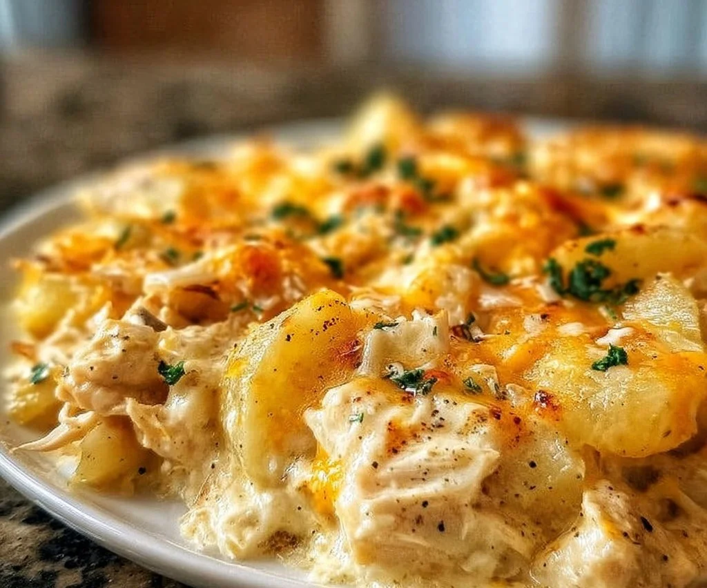 Creamy chicken and potato casserole baked in a dish, garnished with herbs.