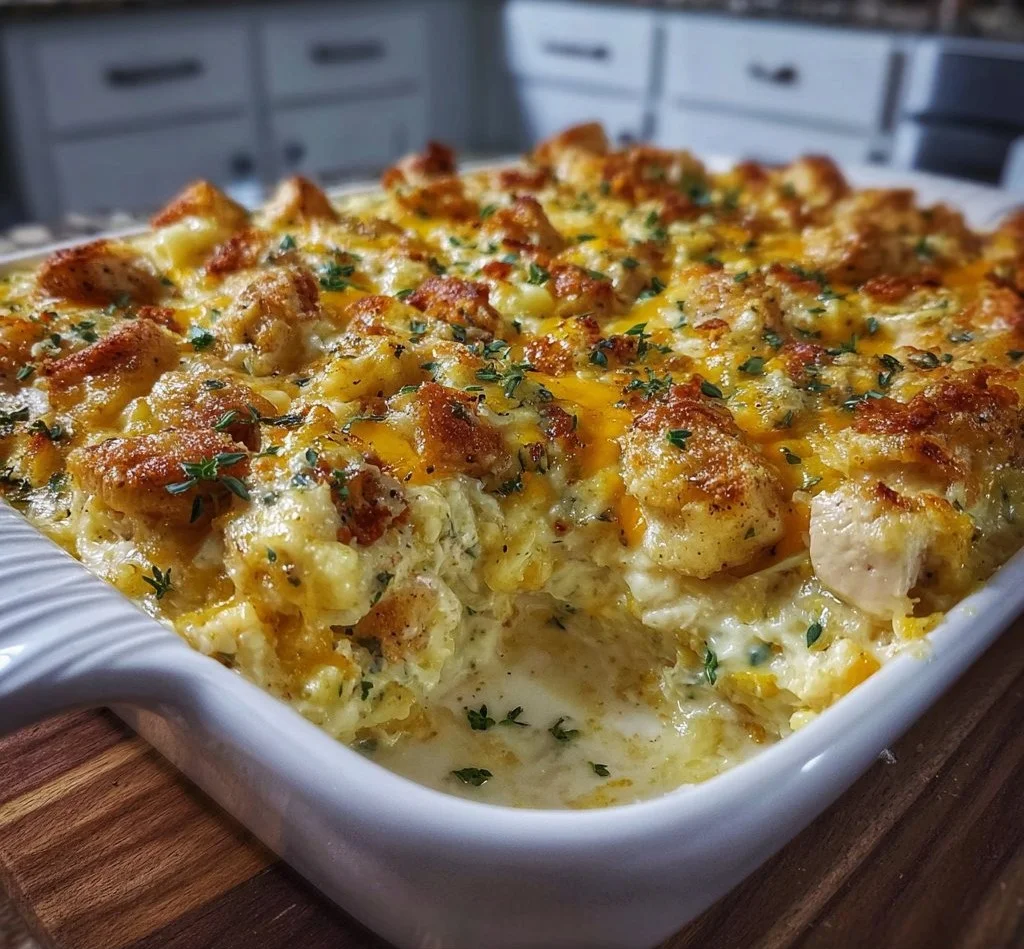 Creamy chicken casserole baked to perfection with savory flavors and creamy sauce.