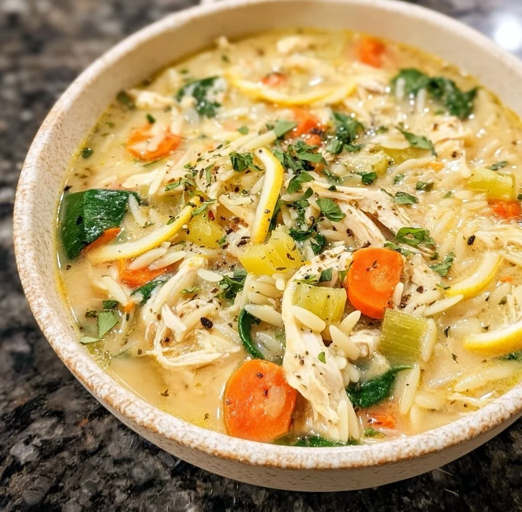 Creamy lemon chicken orzo soup in a bowl, garnished with fresh herbs
