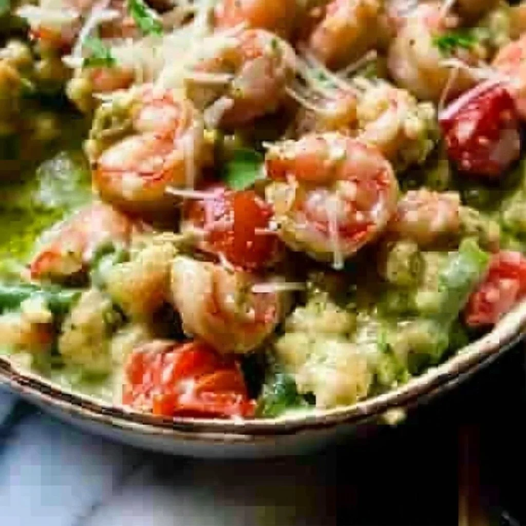Creamy pesto shrimp served on a plate with a vibrant green sauce