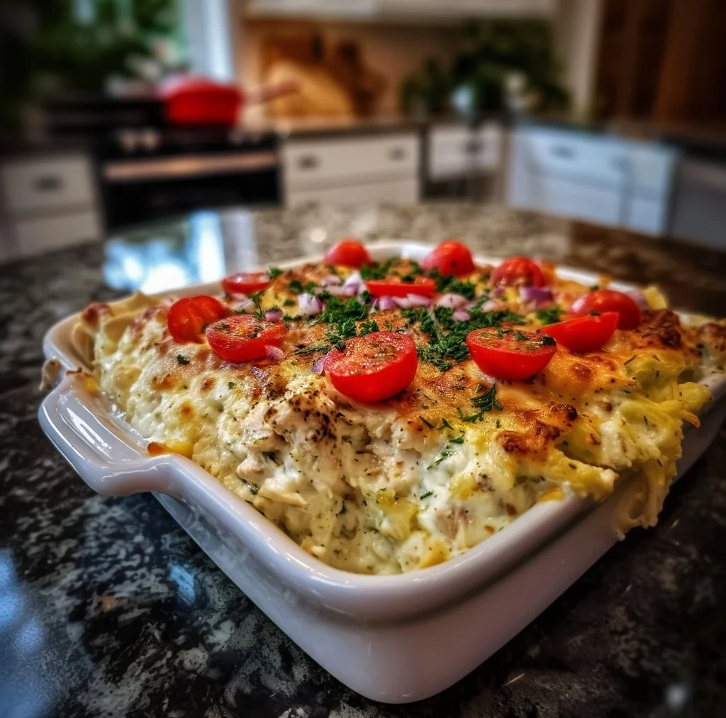 Delicious Dump-and-Bake Chicken Tzatziki Casserole ready to serve.