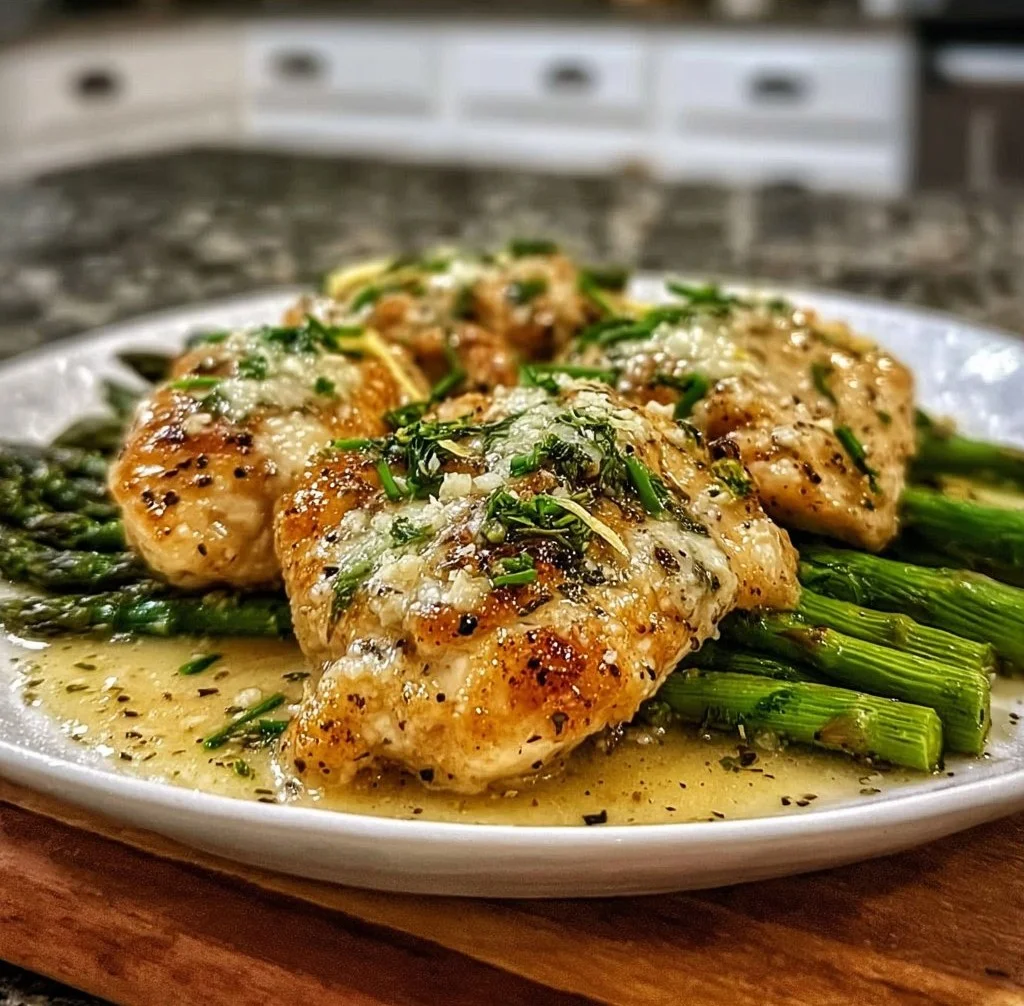 Delicious garlic butter chicken with asparagus on a plate for dinner