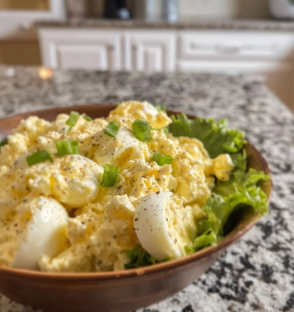 Delicious homemade egg salad in a bowl, garnished with herbs.