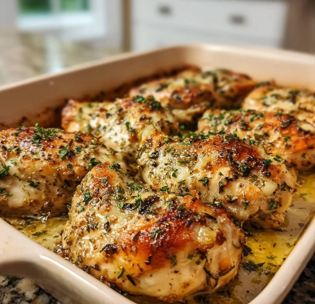 Garlic butter baked chicken served with herbs and roasted vegetables
