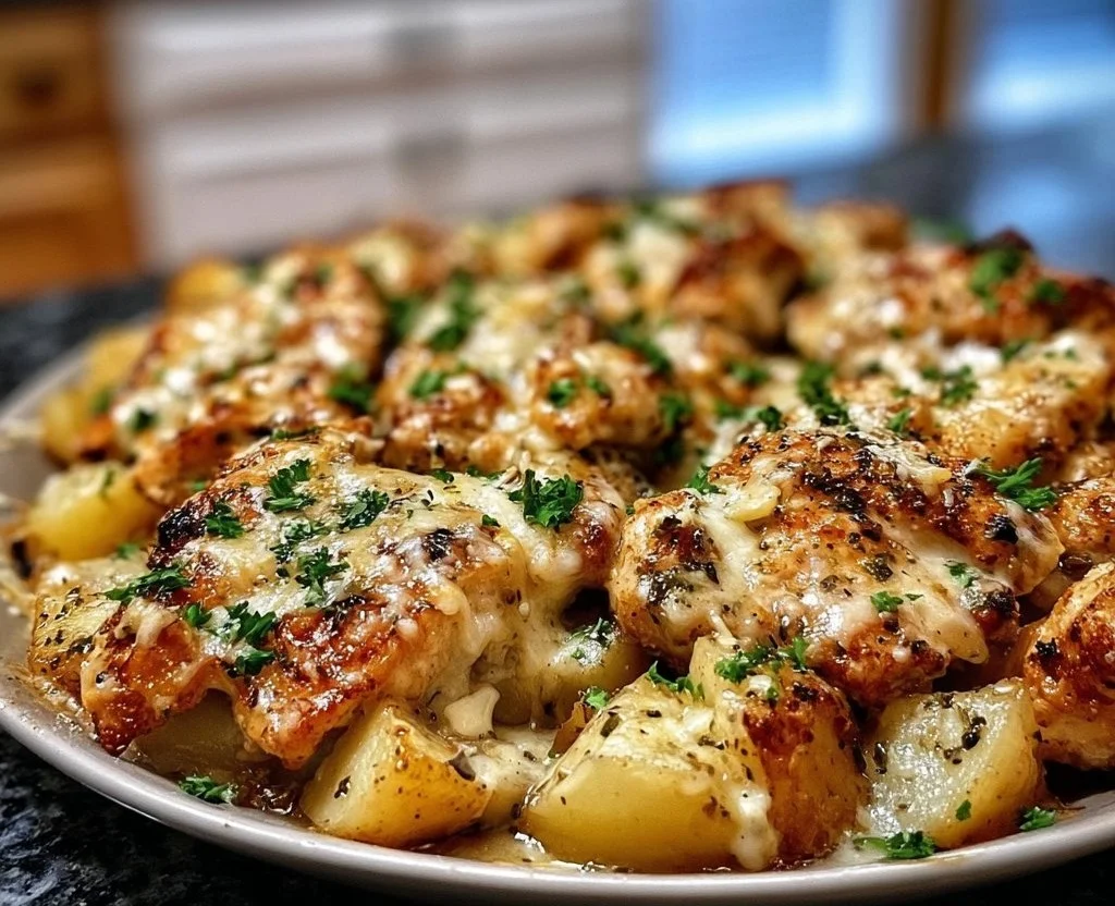 Garlic Parmesan Chicken served with roasted potatoes in a delicious meal.