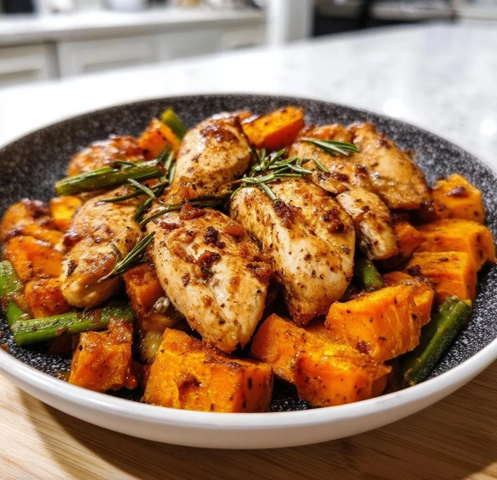 Delicious and healthy chicken sweet potato dish served with vibrant vegetables.