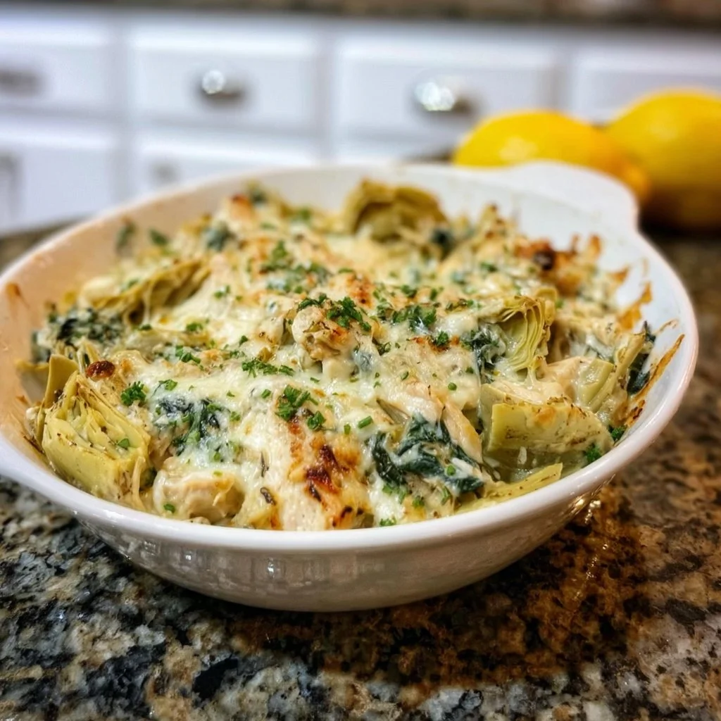 Healthy spinach artichoke chicken casserole baked dish with fresh ingredients.