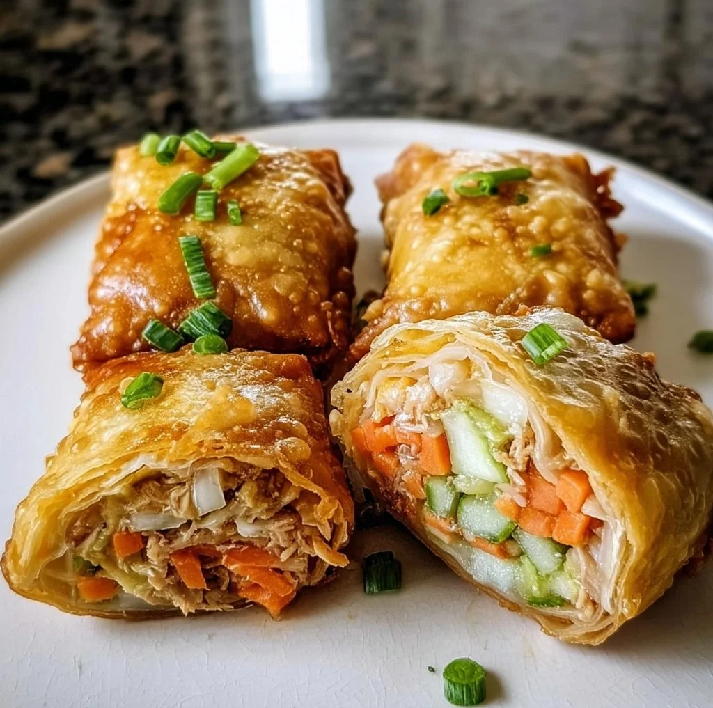 Homemade egg rolls filled with fresh vegetables and protein, ready to serve.