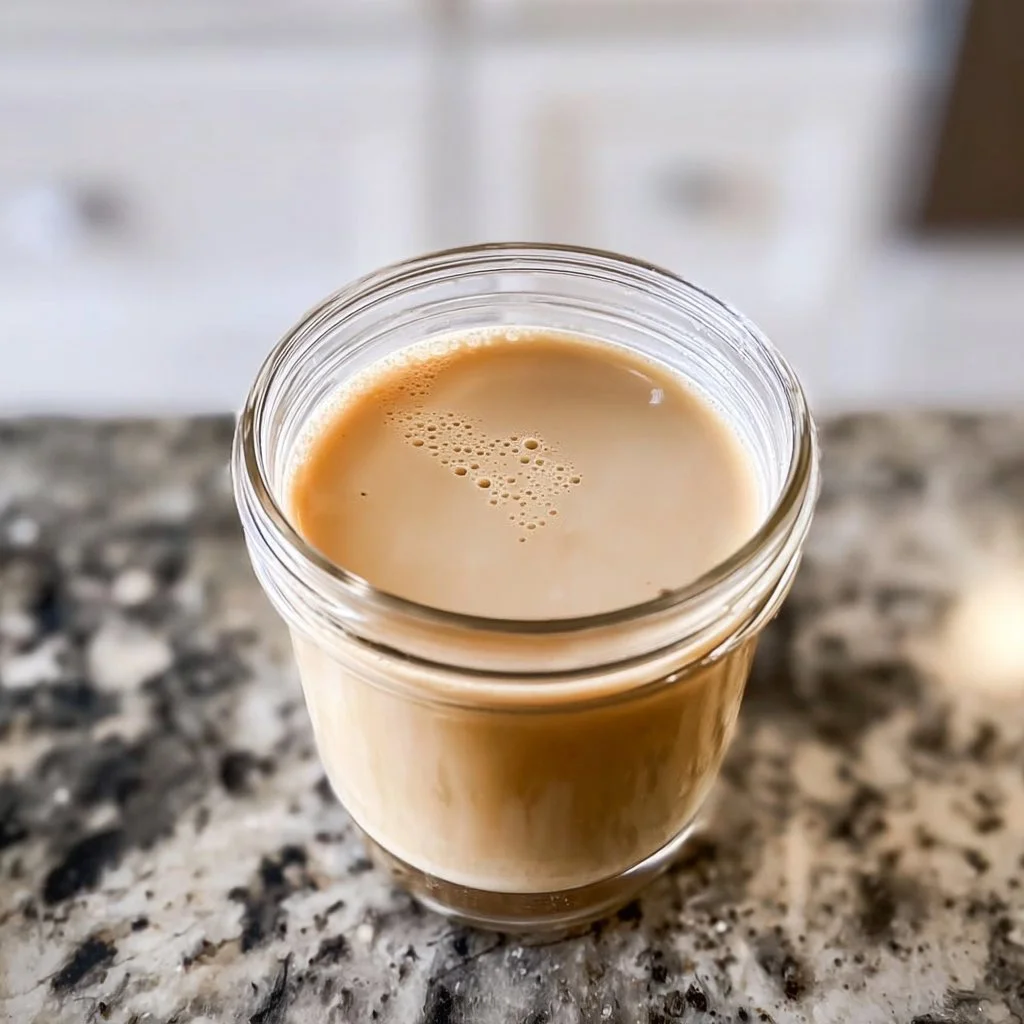 Bottle of homemade Irish cream liqueur on a wooden table