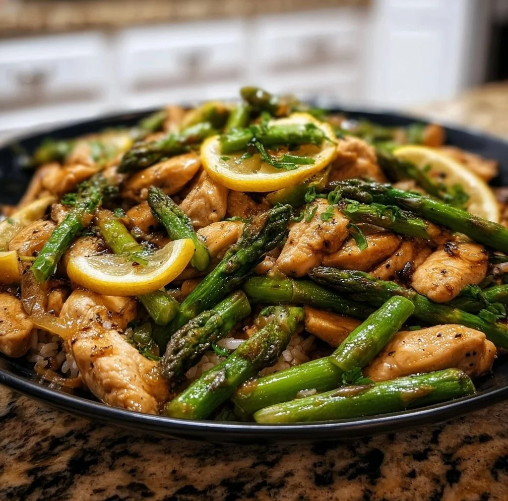 Lemon Chicken Stir-Fry with asparagus served on a plate