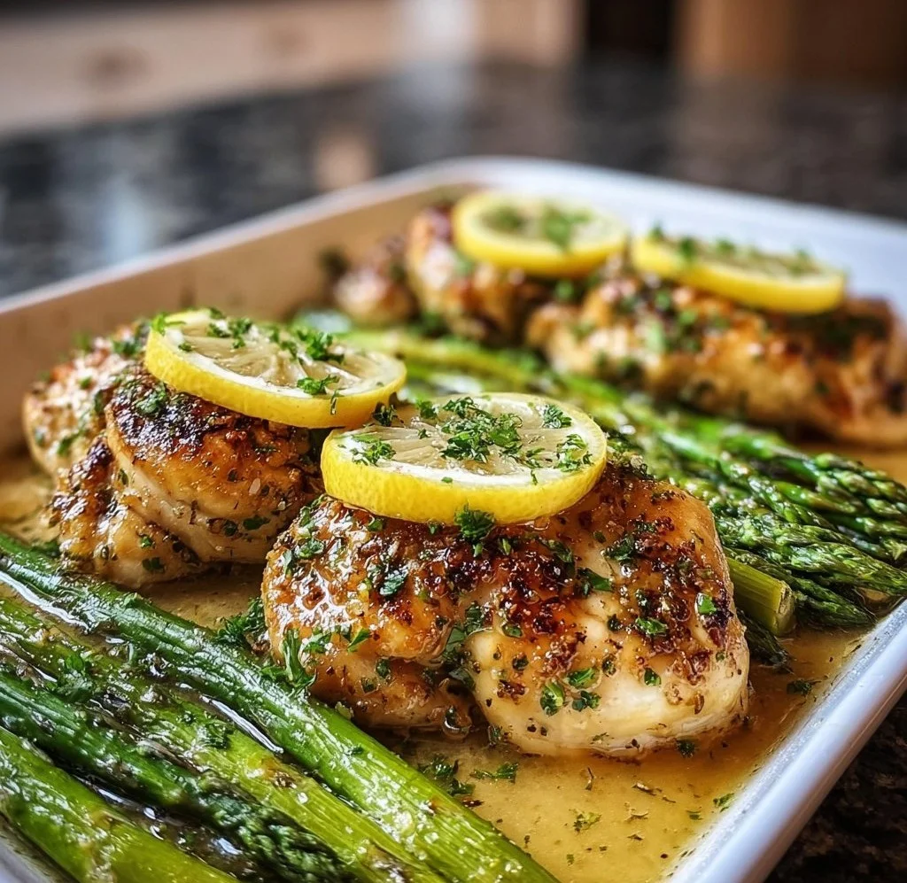 Lemon Garlic Butter Chicken with asparagus baked on a plate.