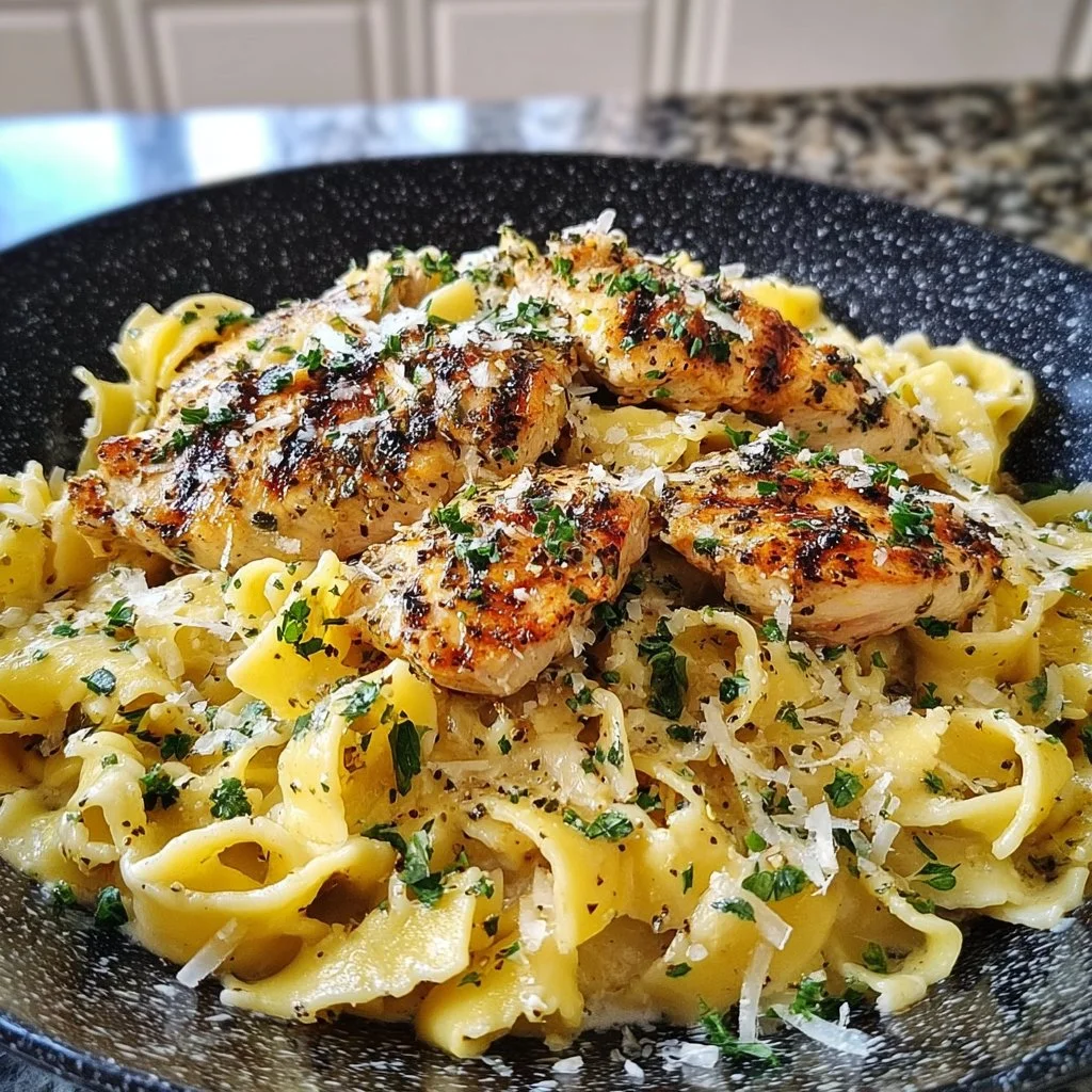 Plate of Lemon Garlic Chicken Pasta garnished with parsley and lemon slices