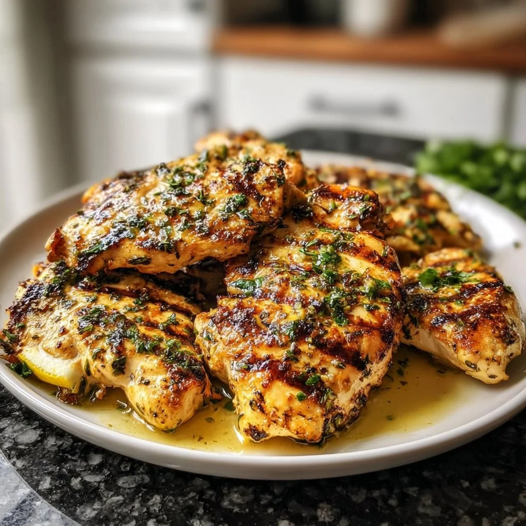 Lemon Garlic Grilled Chicken served on a plate with fresh herbs