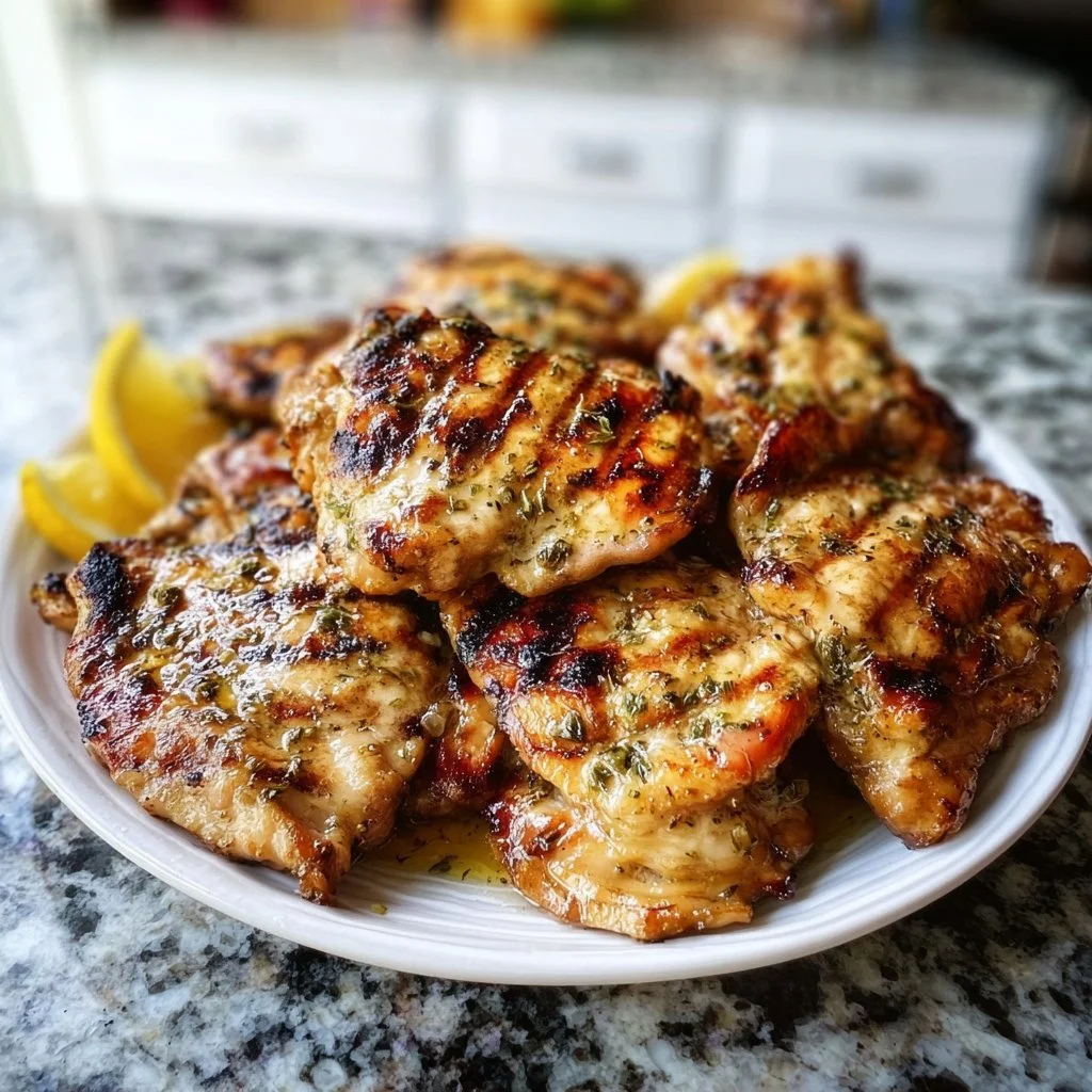 Juicy Lemon Garlic Grilled Chicken Thighs on a platter, ready to serve.