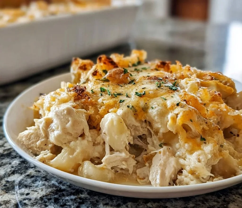 Delicious Neiman Marcus Chicken Casserole served in a baking dish