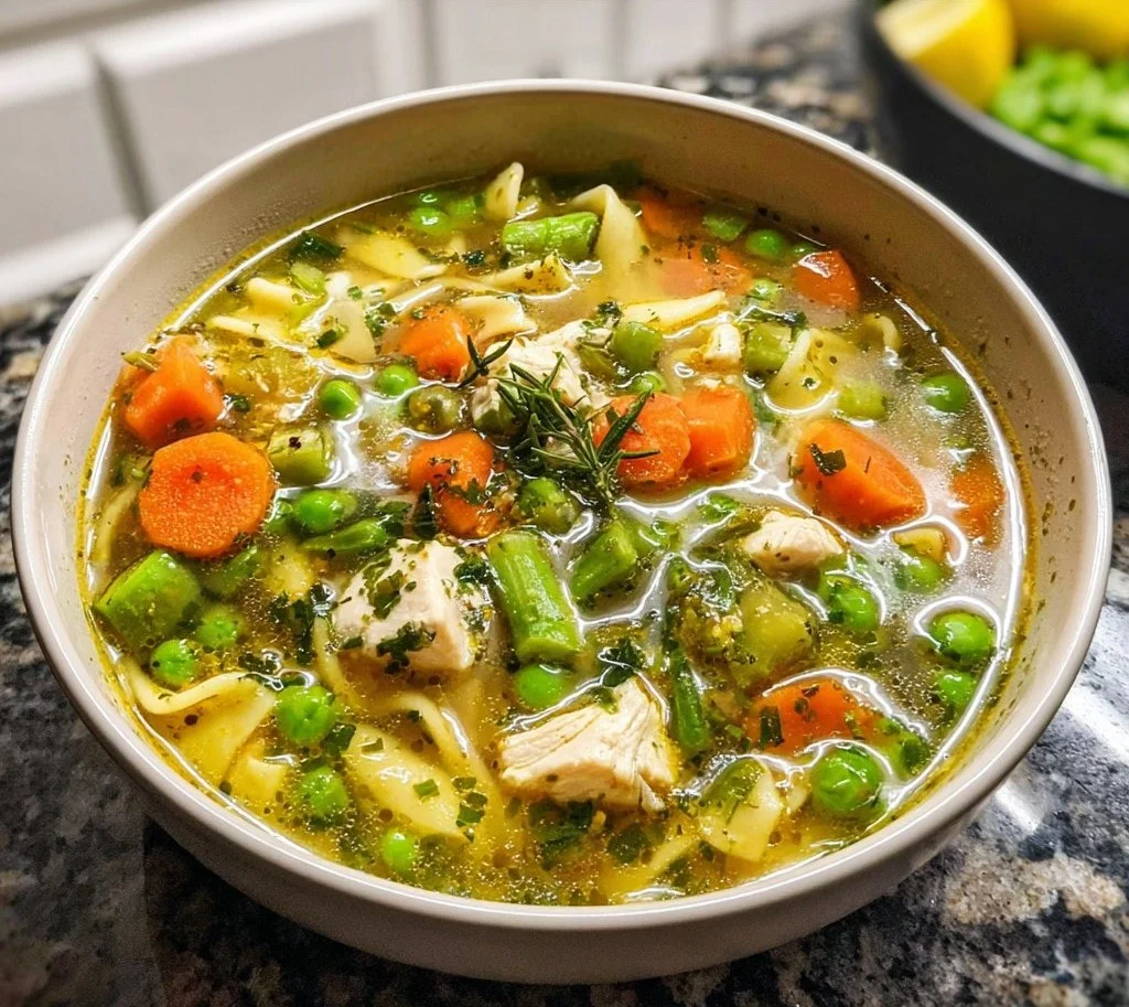 One pot homemade chicken soup with vibrant spring vegetables