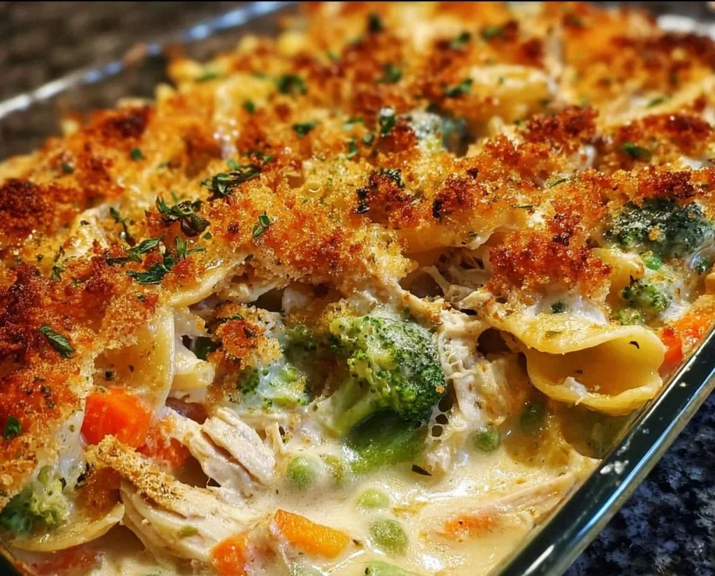 Savory creamy baked chicken casserole topped with cheese and breadcrumbs