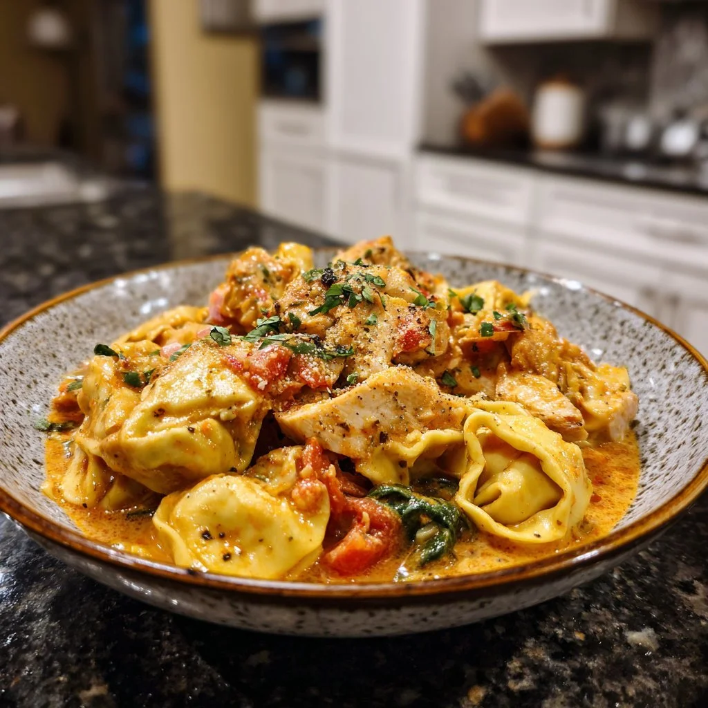 A bowl of cozy Crockpot Chicken Tortellini topped with fresh herbs.