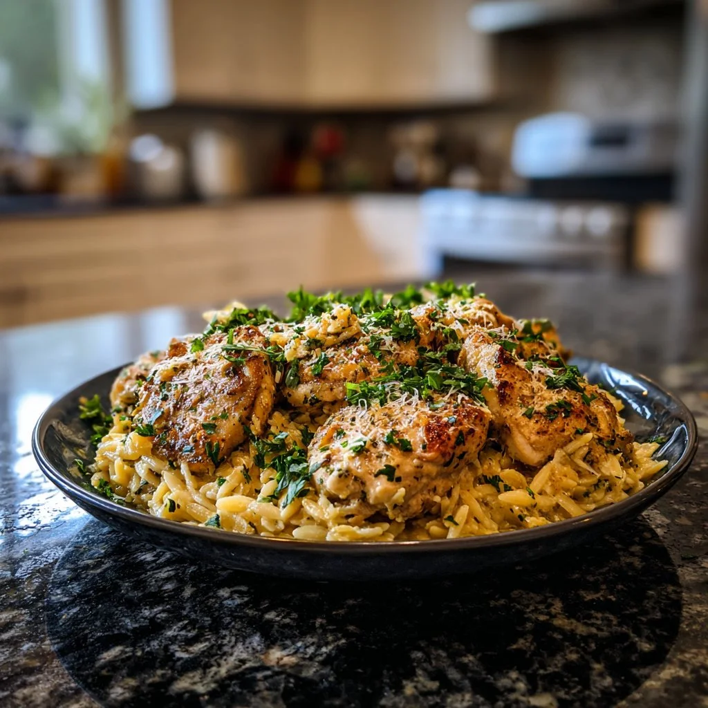 Slow Cooker Parmesan Herb Chicken served with orzo in a bowl