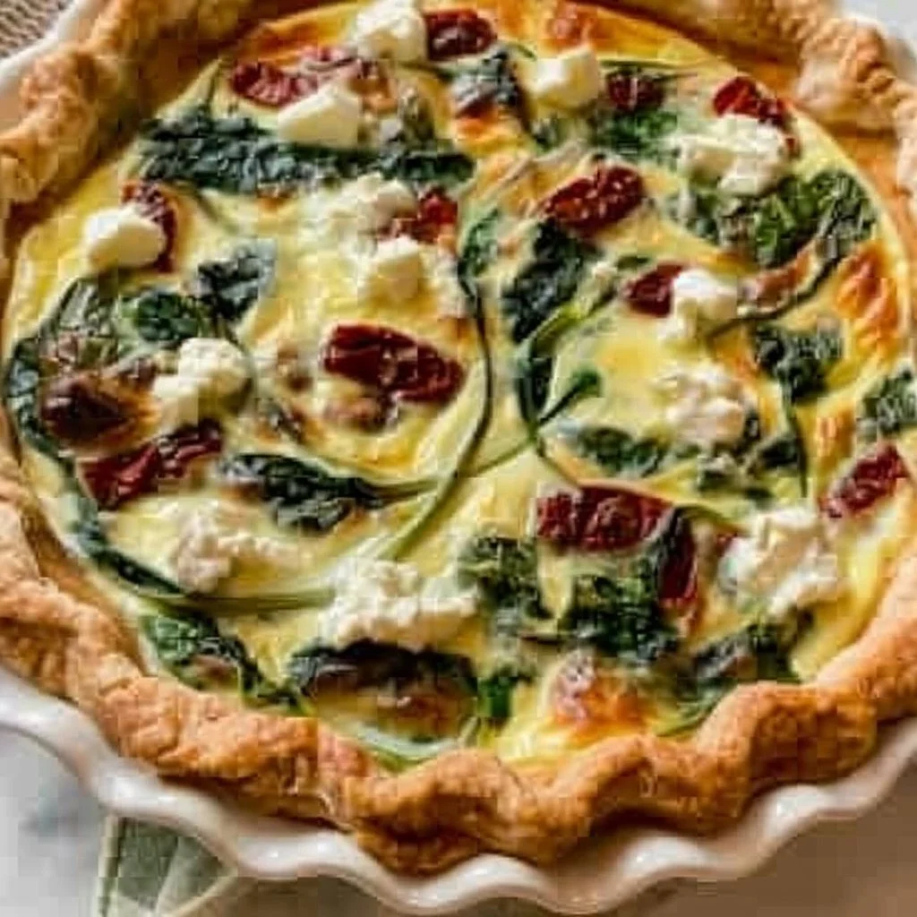 Spinach Goat Cheese Quiche fresh out of the oven garnished with herbs