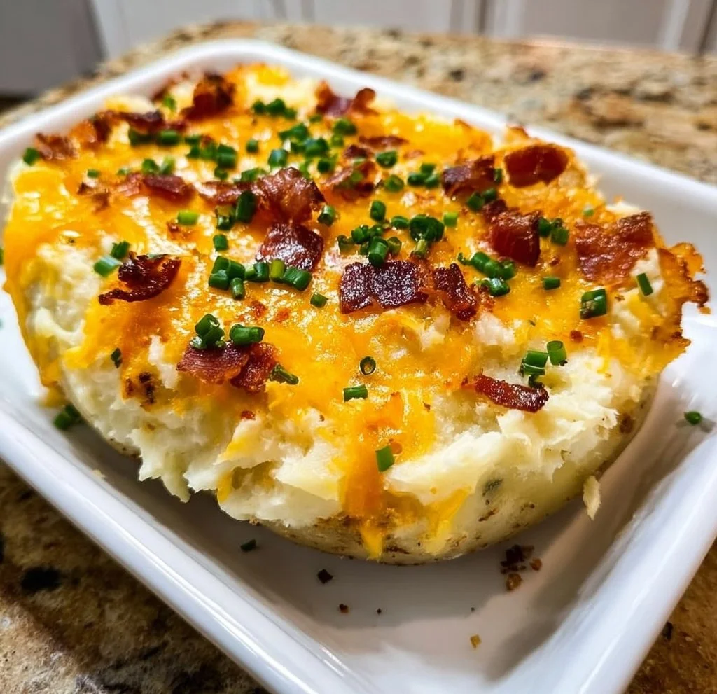 Delicious Twice Baked Potato Casserole topped with cheese and bacon