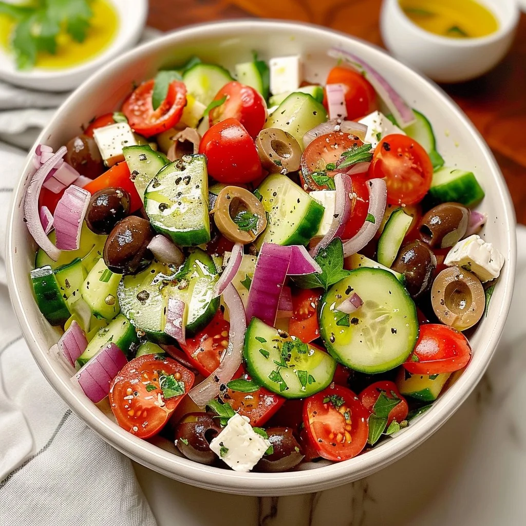 A colorful Village Salad featuring fresh vegetables and herbs in a bowl.