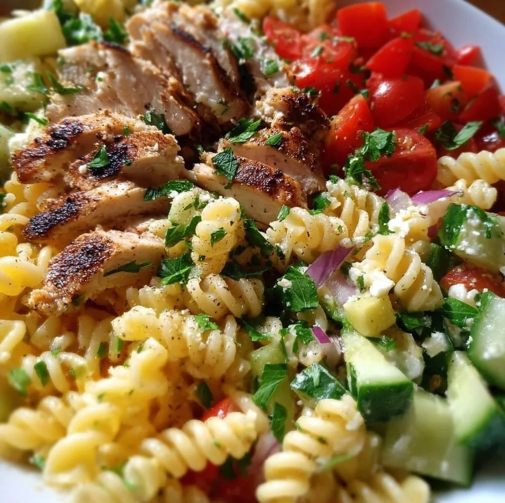 Zesty chicken pasta salad with fresh vegetables and dressing