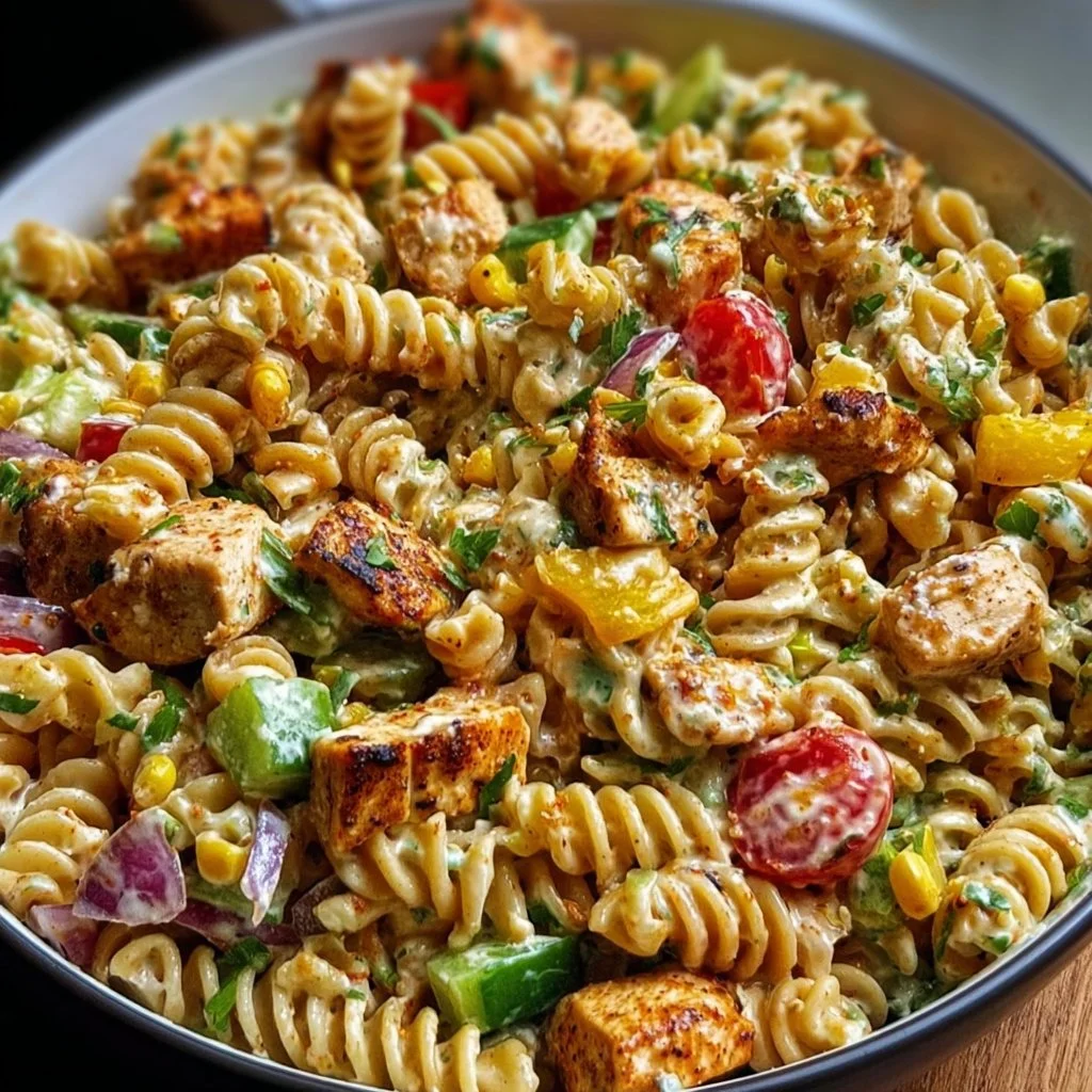 Zesty high-protein BBQ chicken pasta salad in a bowl with fresh ingredients