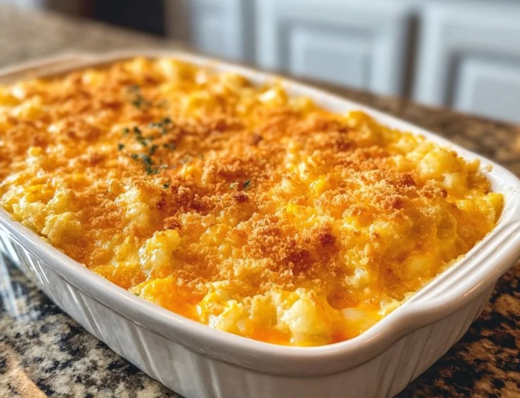 Delicious 5-Ingredient Cheesy Potato Casserole ready to serve.
