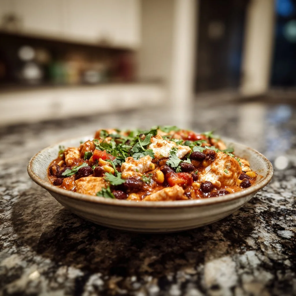 Bowl of delicious cream cheese chicken chili topped with fresh herbs.