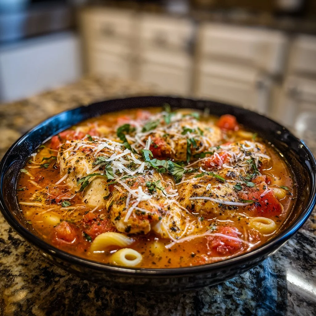 Bowl of cozy crockpot chicken parmesan soup with herbs and cheese on top