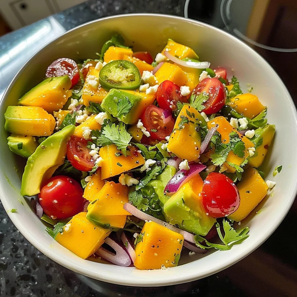 Colorful Avocado Mango Salad with fresh ingredients and vibrant dressing.