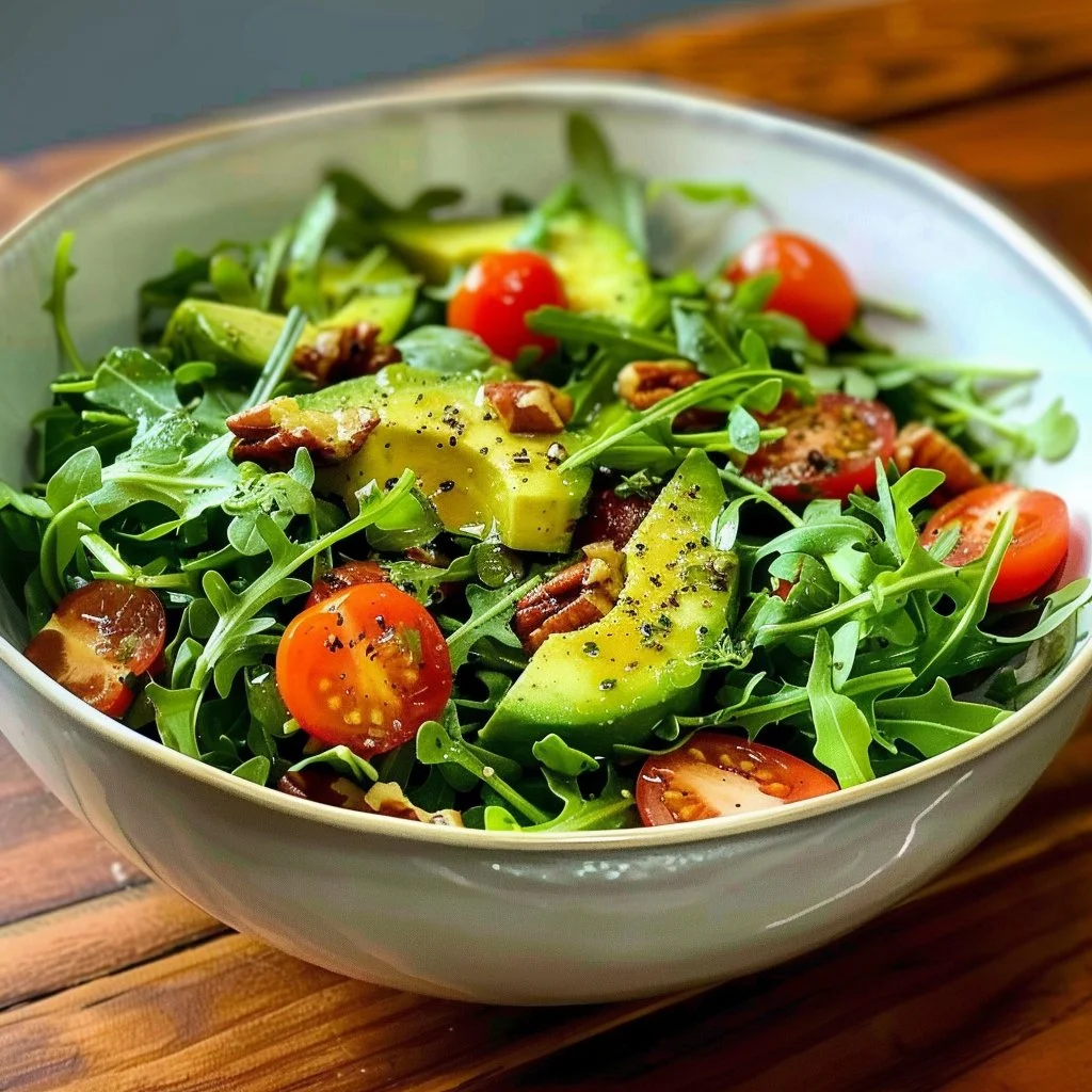 Fresh Avocado Tomato Arugula Salad with vibrant ingredients and dressing