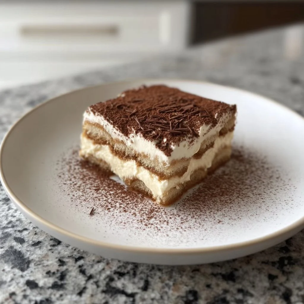 Delicious Bailey's Irish Cream Tiramisu dessert garnished with cocoa powder.
