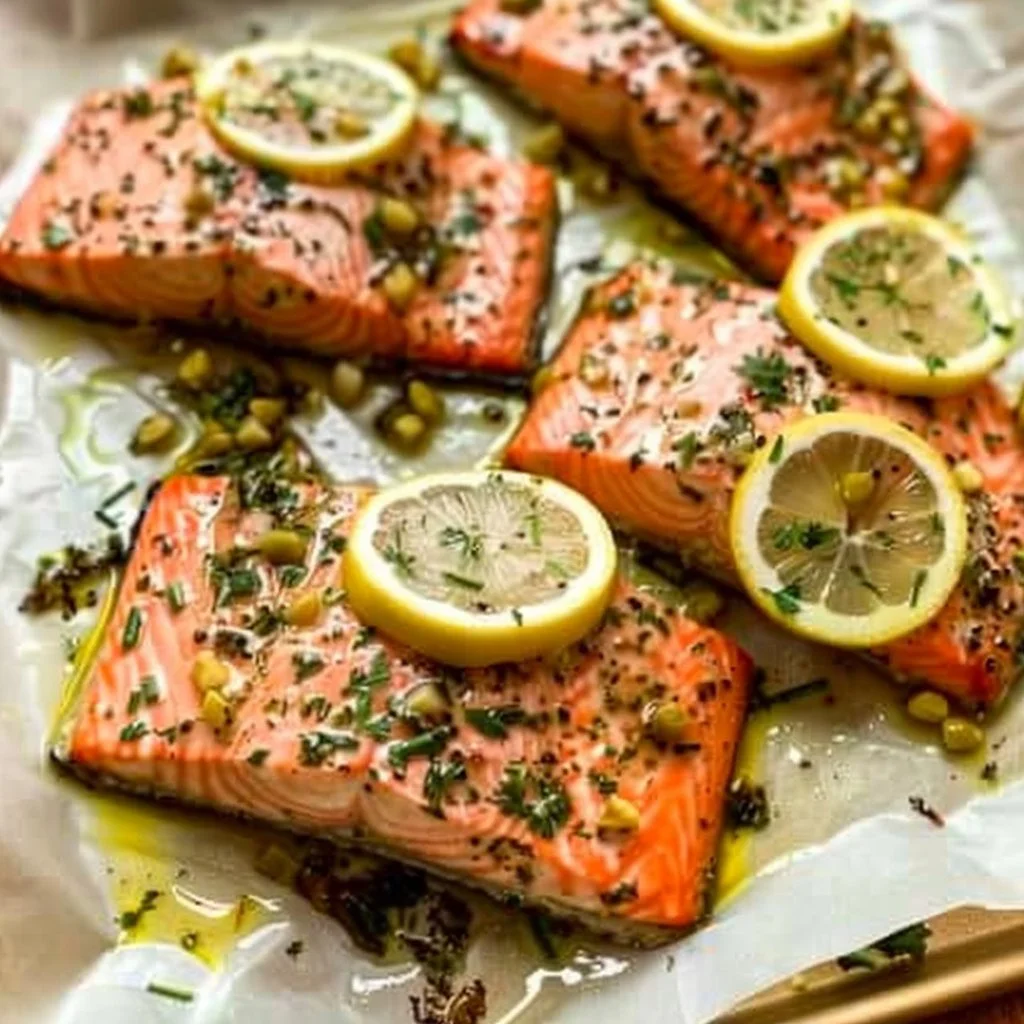 Baked lemon garlic salmon garnished with herbs on a plate