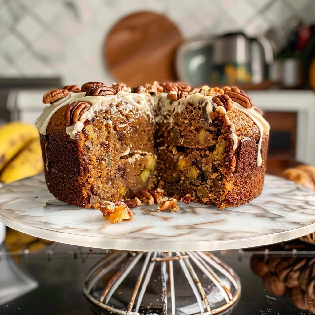 Delicious Banana Pineapple Bundt Cake topped with a glaze, perfect for desserts