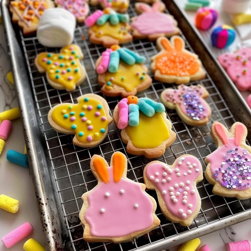A variety of beautifully decorated Easter cookies in pastel colors, perfect for spring.