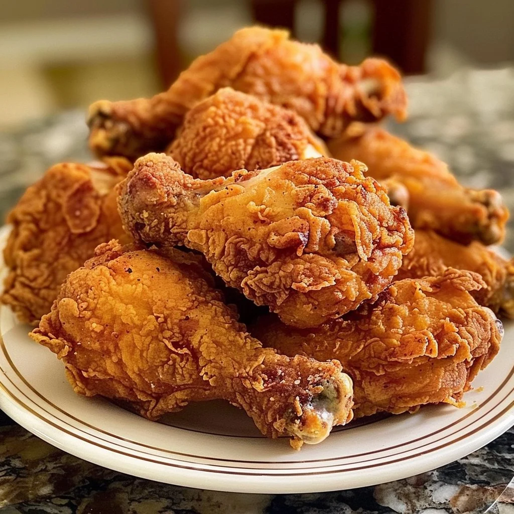 Crispy fried chicken served with sides on a rustic wooden table