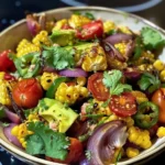 Delicious charred corn avocado salad topped with fresh herbs and lime.