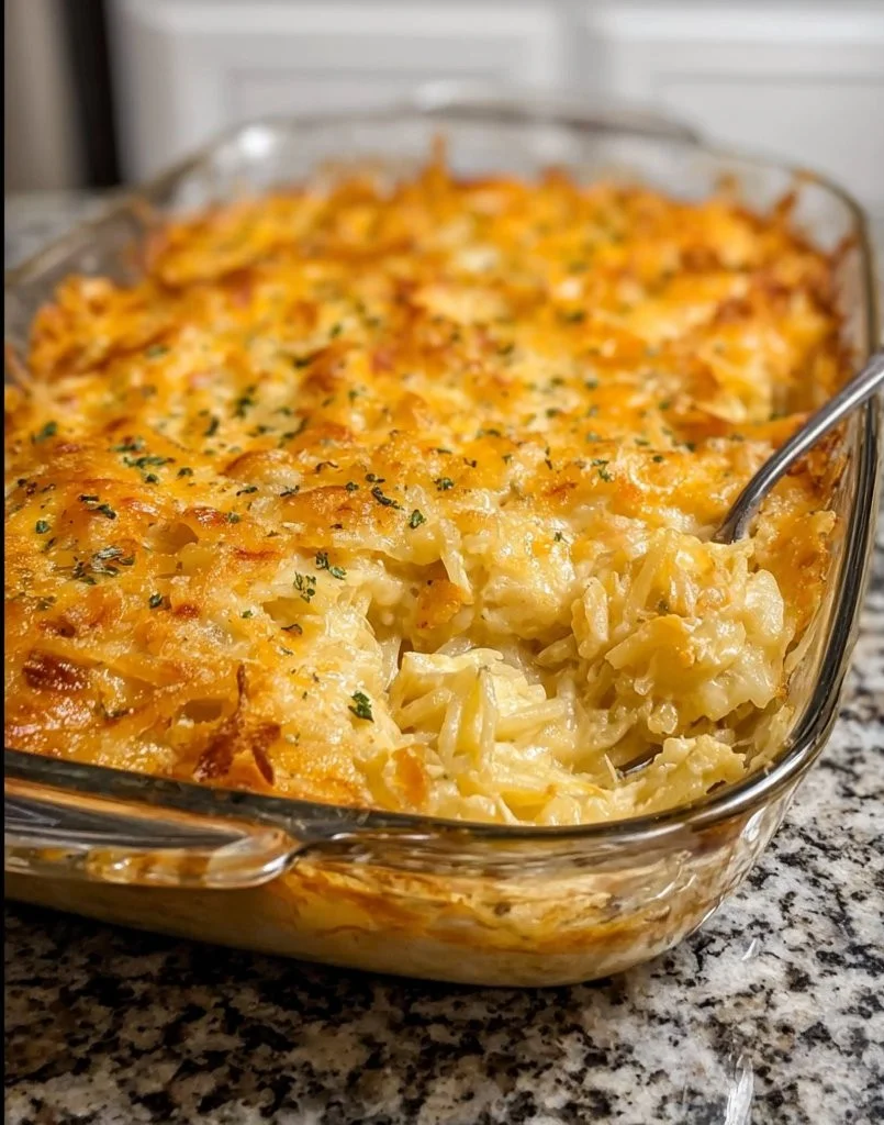 Cheesy Potato Casserole topped with golden cheese and fresh herbs