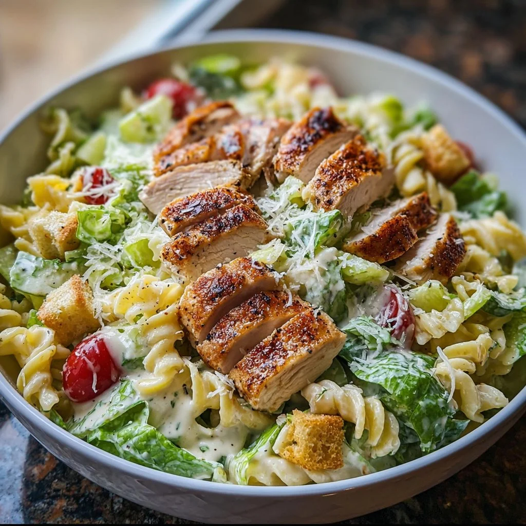 Delicious Chicken Caesar Pasta Salad served in a bowl with lettuce and croutons