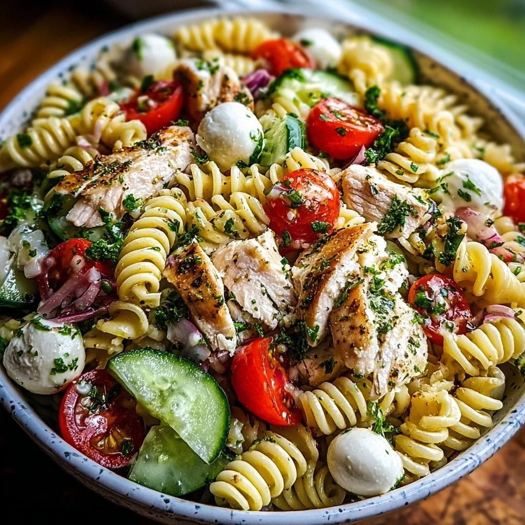 Delicious chicken pasta salad with vibrant vegetables and dressing
