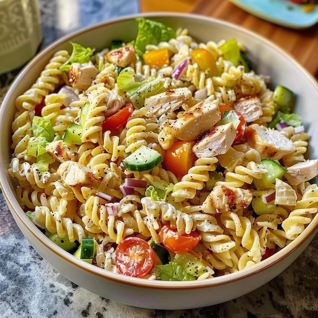 Colorful chicken pasta salad with fresh vegetables and dressing