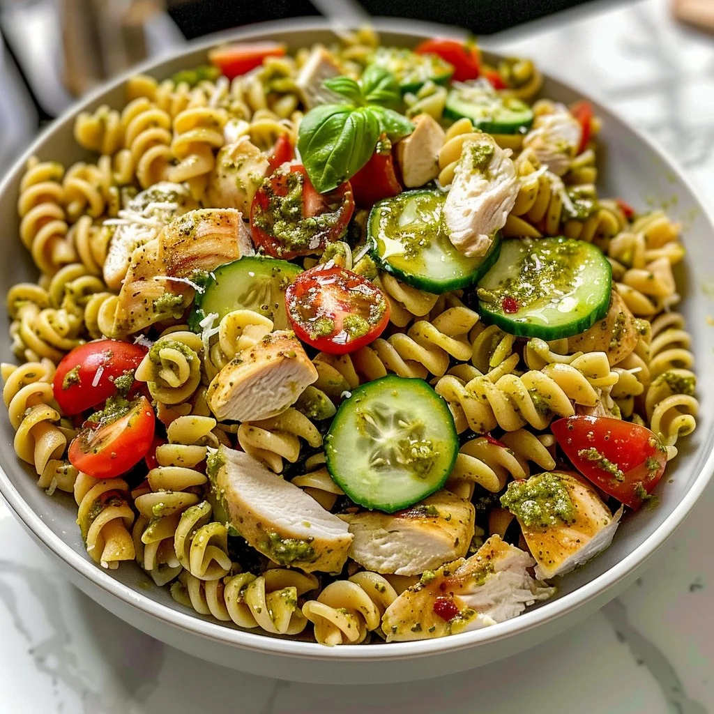 Delicious chicken pesto pasta salad in a bowl with fresh ingredients.