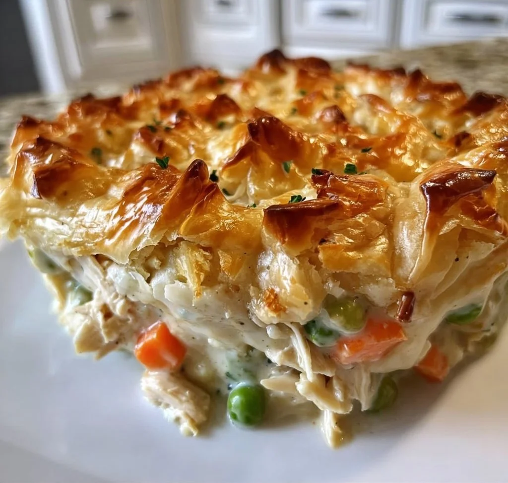 Delicious Chicken Pie Casserole topped with golden crust, perfect for family meals.