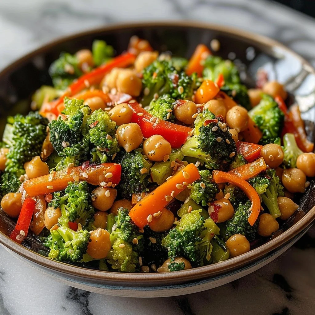 Chickpea and broccoli stir fry in a vibrant dish garnished with herbs