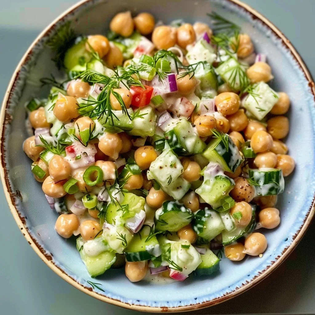 Chickpea and cucumber salad topped with yogurt dressing in a bowl